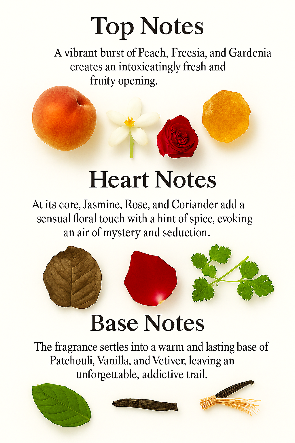 Fragrance notes description with images of fruits, flowers, and leaves on a white background.