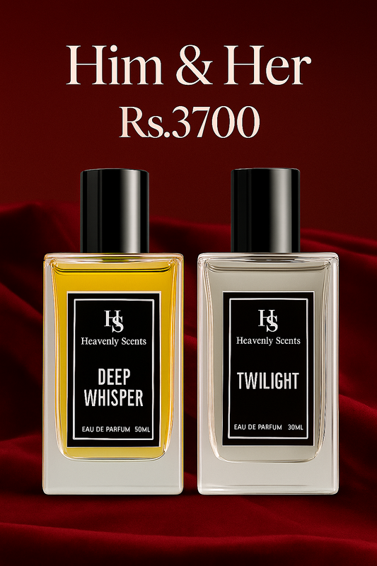 Two perfume bottles labeled 'Deep Whisper' and 'Twilight' with a red background and text 'Him & Her Rs.3700'.